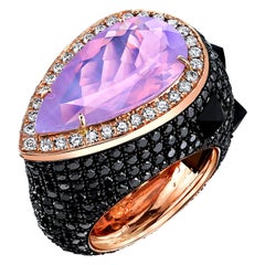 Bague en or rose 18 carats, quartz de lune lavande et diamants noirs