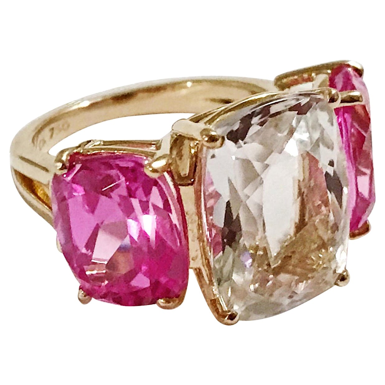 Rock Crystal and Hot Pink Topaz Yellow Gold Three-Stone Cushion Ring For Sale