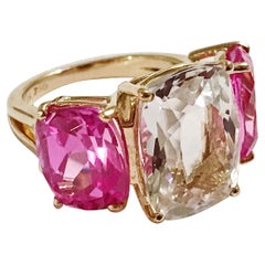 Rock Crystal and Hot Pink Topaz Yellow Gold Three-Stone Cushion Ring