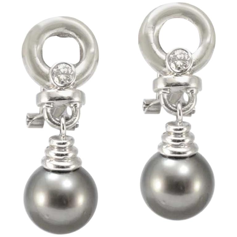Solid 14 Karat White Gold Tahitian Black Pearl Drop Earrings For Solid 14 Karat White Gold Tahitian Black Pearl Drop Earrings For