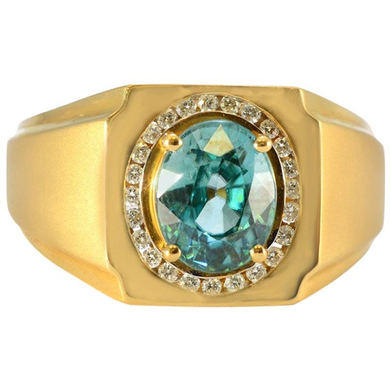 Solid 14 Karat Yellow Gold Genuine Zircon and Natural Diamond Men's