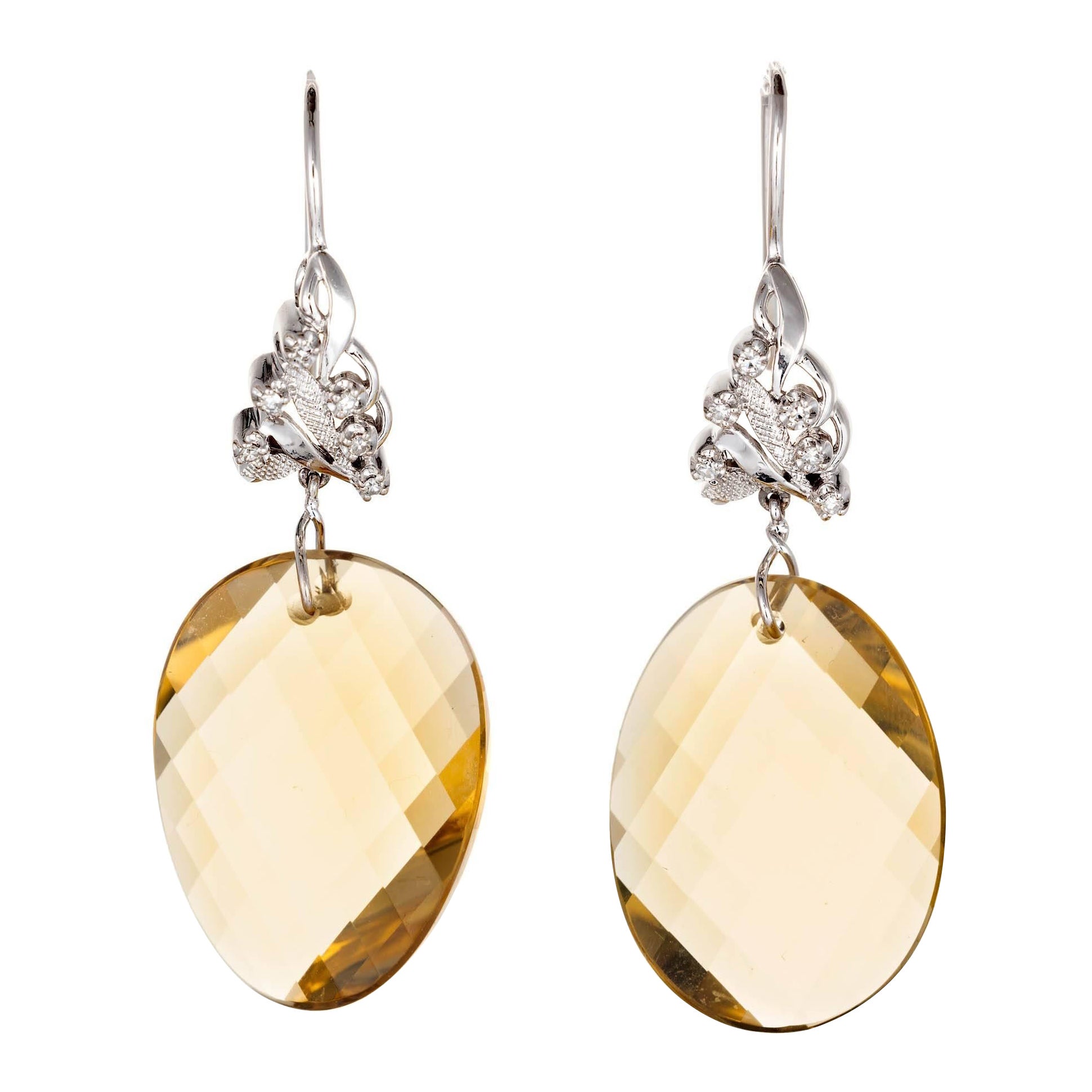 43.00 Carat Swirl Faceted Natural Lemon Quartz Diamond Gold Dangle Earrings