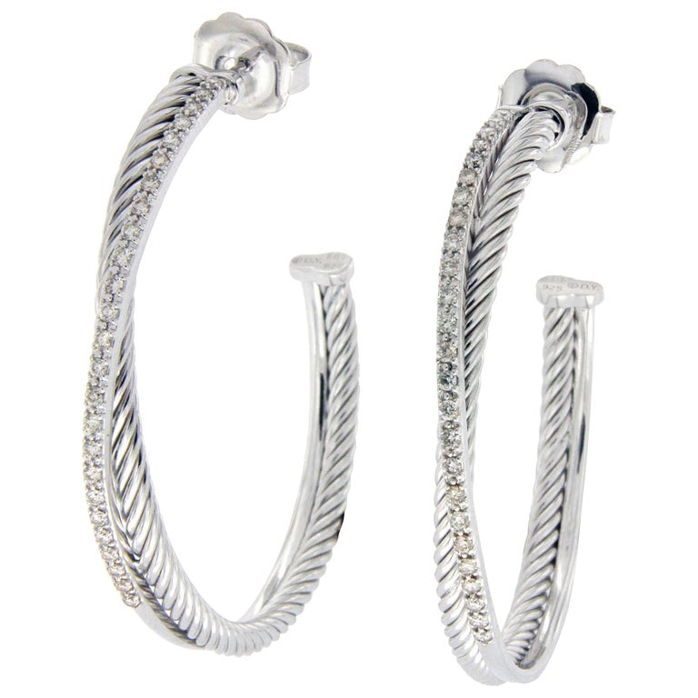 David Yurman 925 Silver And 14 Karat Gold Large Diamonds Hoop David Yurman 925 Silver And 14 Karat Gold Large Diamonds Hoop Earrings For