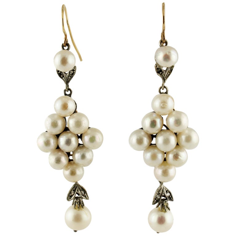 Corals Pearls Diamonds Rose Gold and Silver Earrings For Sale at 1stdibs