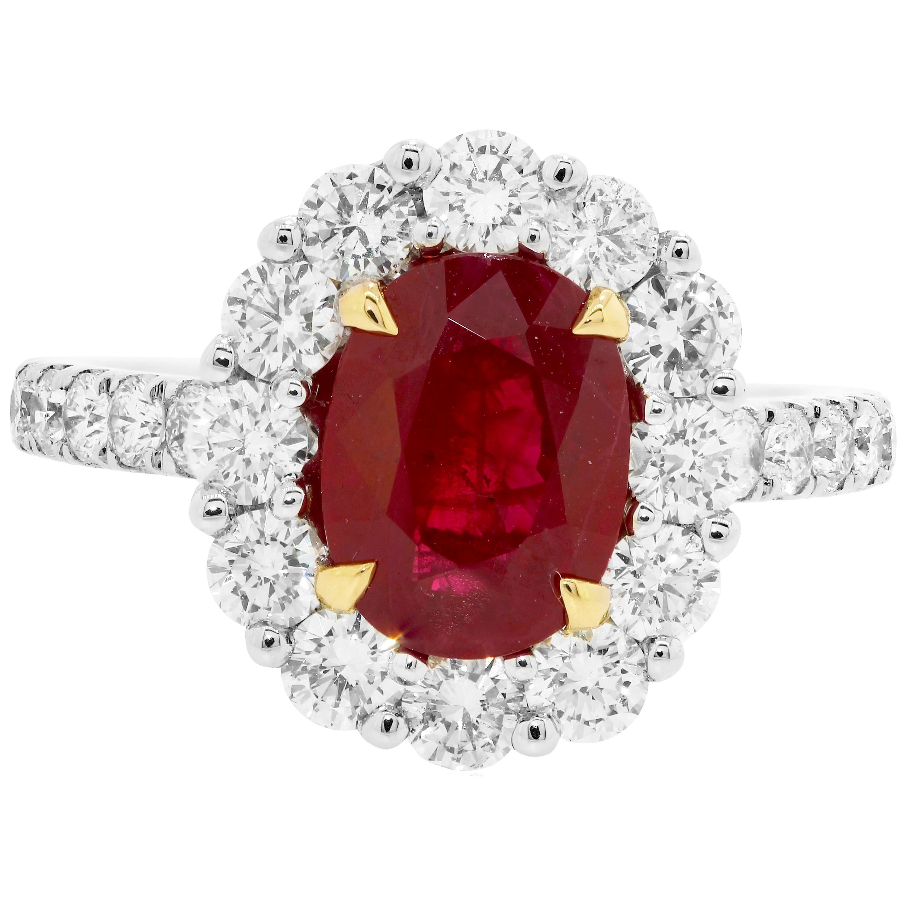GIA Certified Burma Ruby Oval Single Halo Two Color Gold Bridal Fashion Ring
