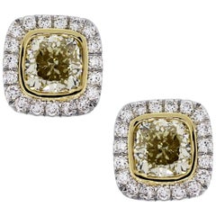 Fancy Yellow Cushion Cut Diamond Halo Earrings