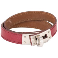 Hermès Kelly Double Tour Bracelet Palladium Plate Red Leather Estate Jewelry