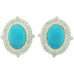 18 Karat Yellow and White Gold Earrings with Oval Turquoise and Diamonds