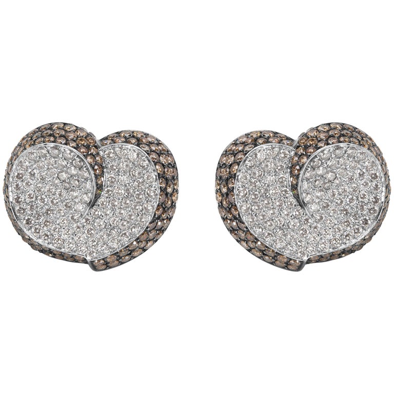 Brown And White Diamond Heart Earrings In 18 Karat Gold 7 00 Brown And White Diamond Heart Earrings In 18 Karat Gold 7 00 Carat For