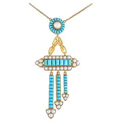 Antique Turquoise and Pearl Pendant Necklace