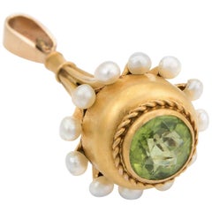 Antique Victorian Peridot Seed Pearl Fob Pendant Vintage 18 Karat Gold Estate