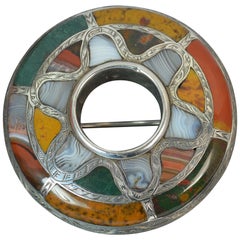 Rare Victorian Solid Silver and Hardstone Agate Circular Disk Brooch