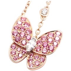 Van Cleef & Arpels Two Butterfly Diamond Pink Sapphire Gold Pendant Necklace