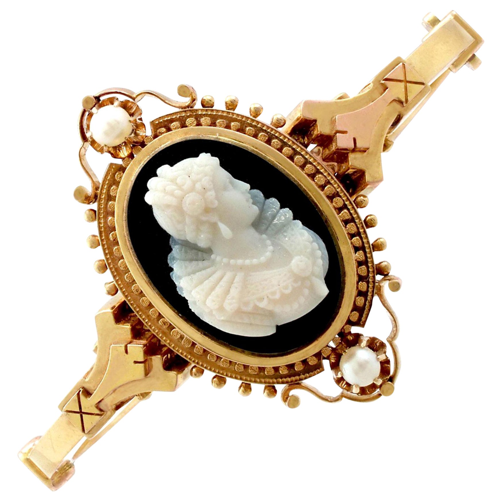 1880s Victorian Cameo Bangle Bracelet with Pearls in Yellow Gold