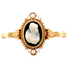 1880s Victorian Cameo Bangle Bracelet with Pearls in Yellow Gold