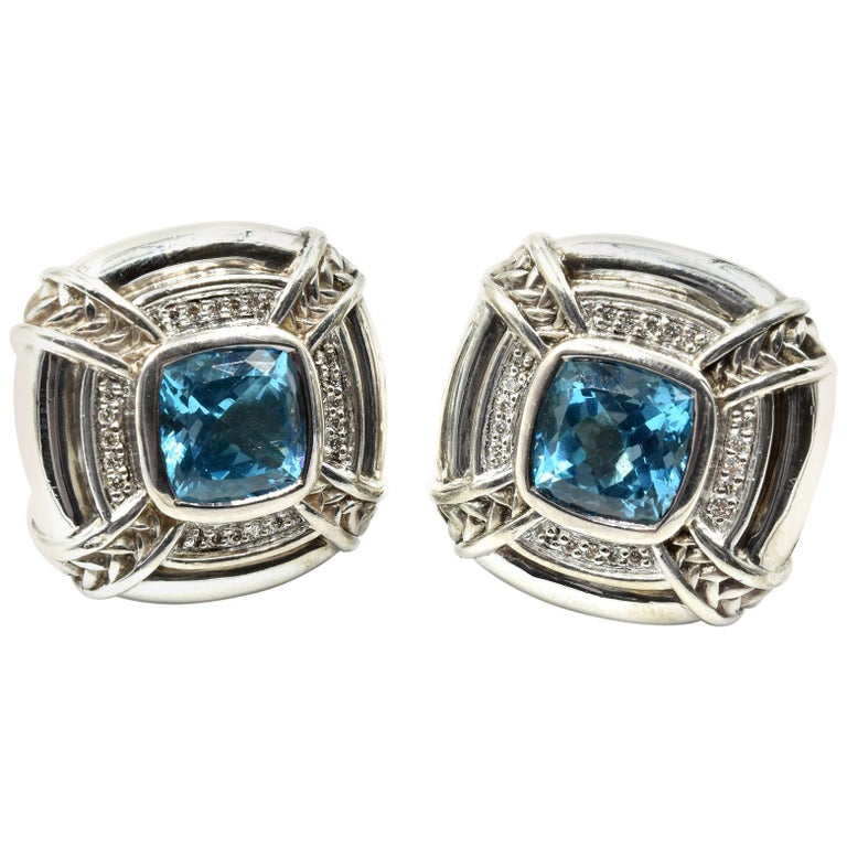 Scott Kay Blue Topaz and Diamond Earrings Sterling Silver For Sale at ...
