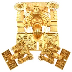 Three-Piece Set, 14 Karat Yellow Gold Tribal Earring and Pin/Pendant Set