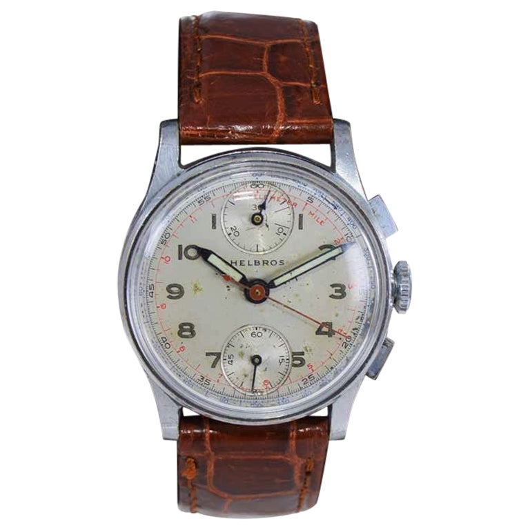 Helbros Steel Art Deco Chronograph with Original Patinated Dial, circa 1940s For Sale