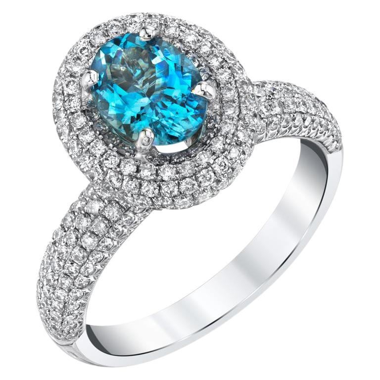 Aquamarine Oval and Diamond Halo, White Gold Pave Set Cocktail / Engagement Ring