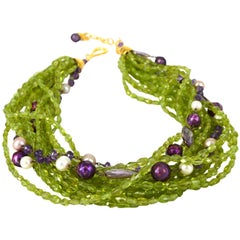 Decadent Jewels Peridot Amethyst Pearl Gold Torsade Necklace
