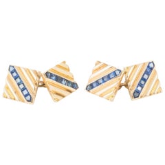 Cufflinks Heavy 14 Karat Ribbed Gold with Sapphires