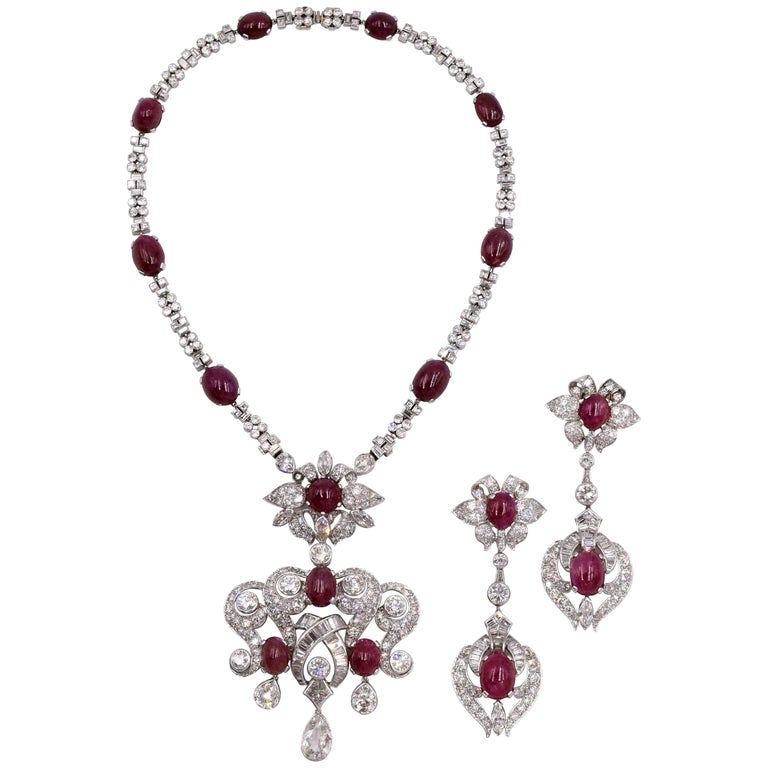 1940s French Set Of Diamond And Ruby Necklace Earrings For 1940s French Set Of Diamond And Ruby Necklace Earrings For