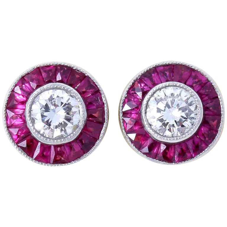 Diamond Ruby Platinum Stud Earrings For At 1stdibs Diamond Ruby Studs