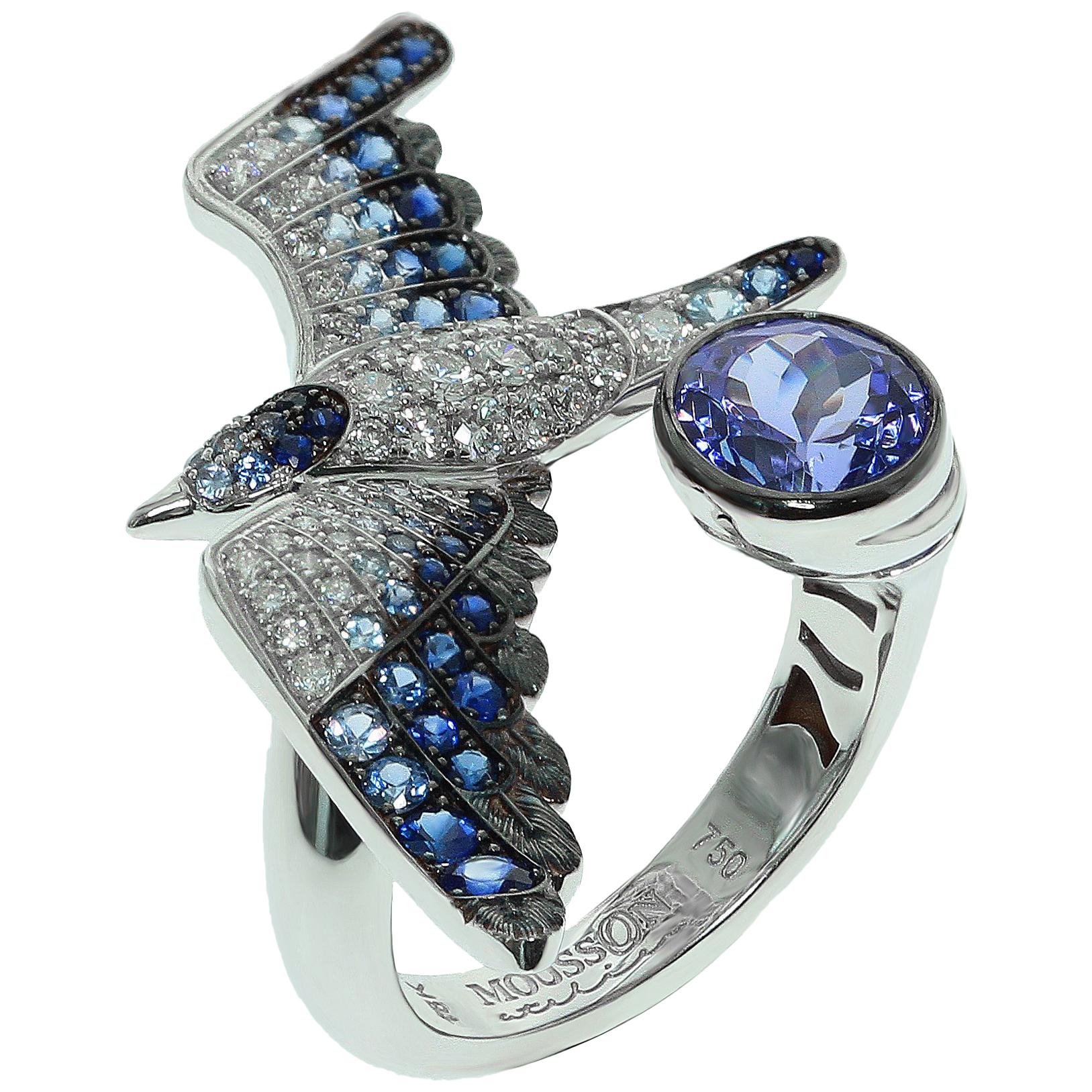 Tanzanite Diamonds Sapphire 18 Karat White Gold Seagull Ring For Sale