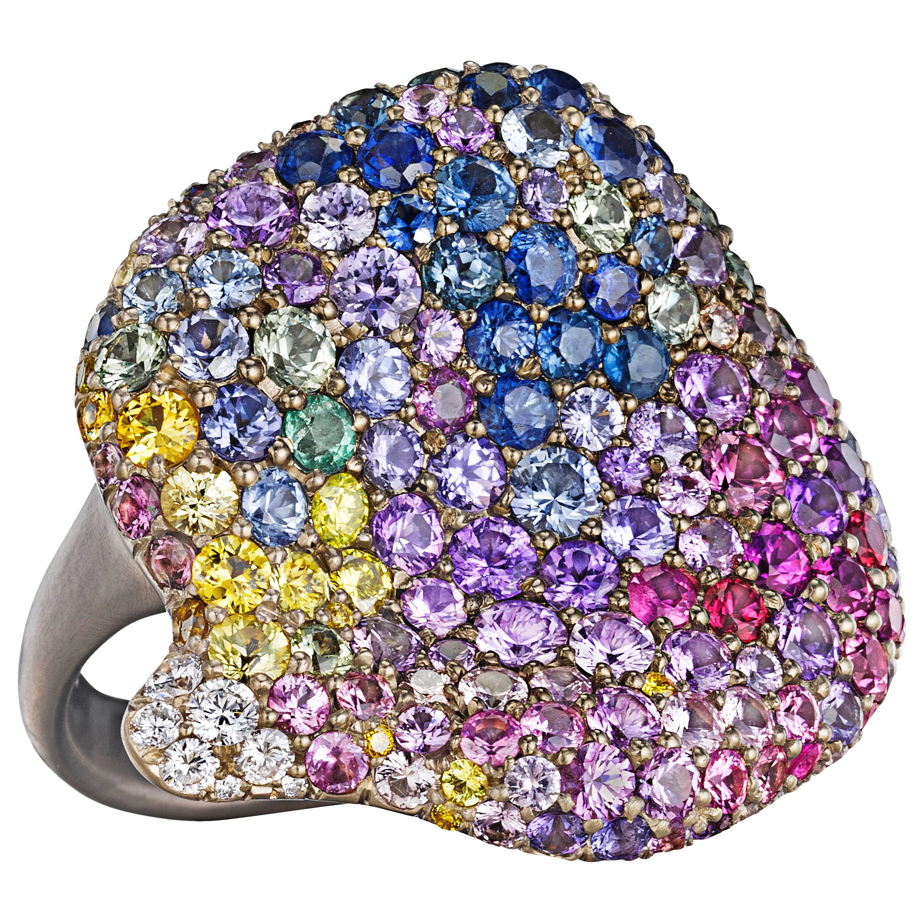 Naomi Sarna Multicolored Sapphire Diamond Gold Spring Petal Ring For Sale
