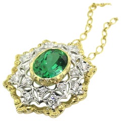 Green Tourmaline and 18 Karat Gold Florentine Engraved Necklace, Made in Italy