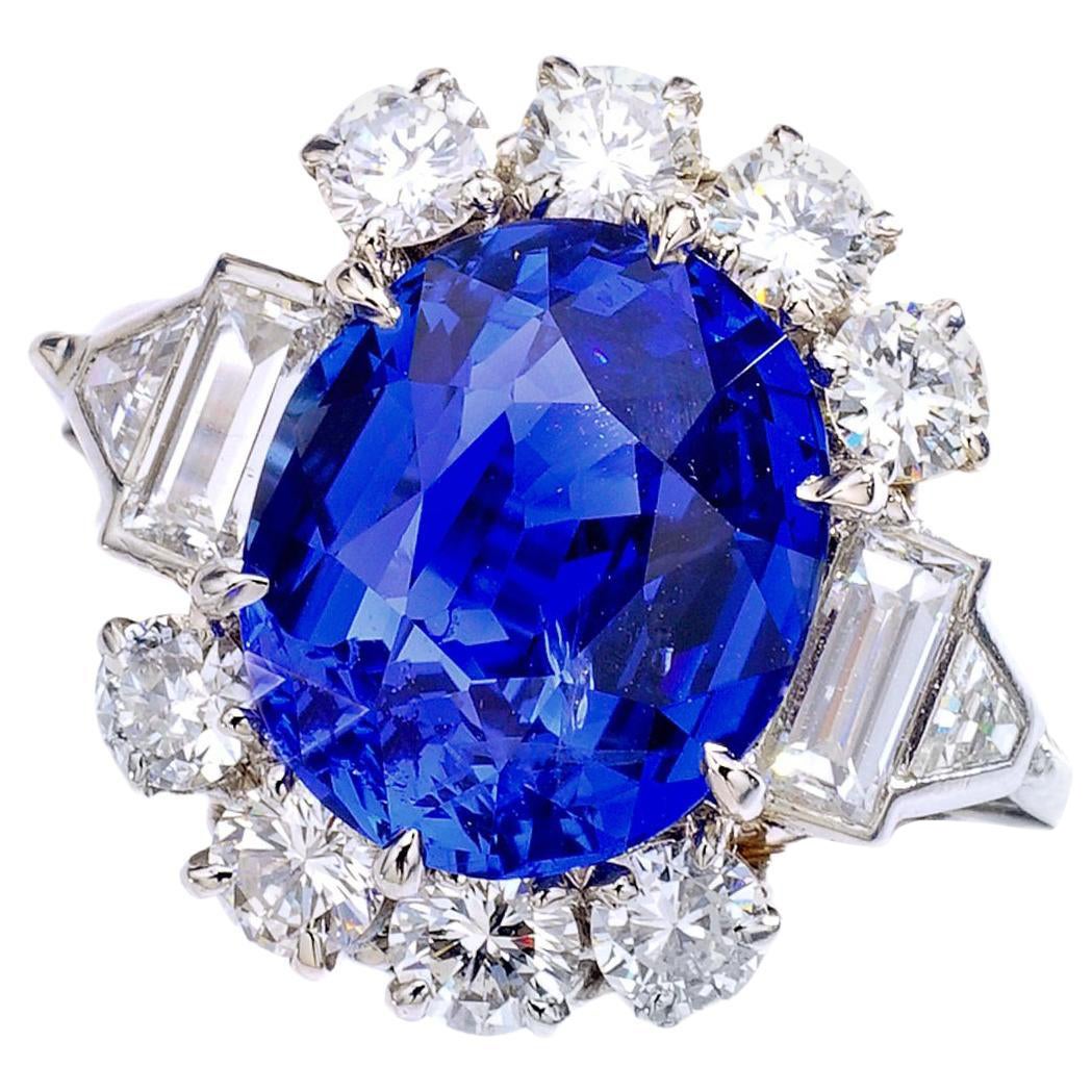 7.02 Carat Natural Sapphire French Diamond Platinum Ring 1940s