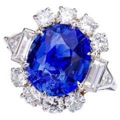 7.02 Carat Natural Sapphire French Diamond Platinum Ring 1940s