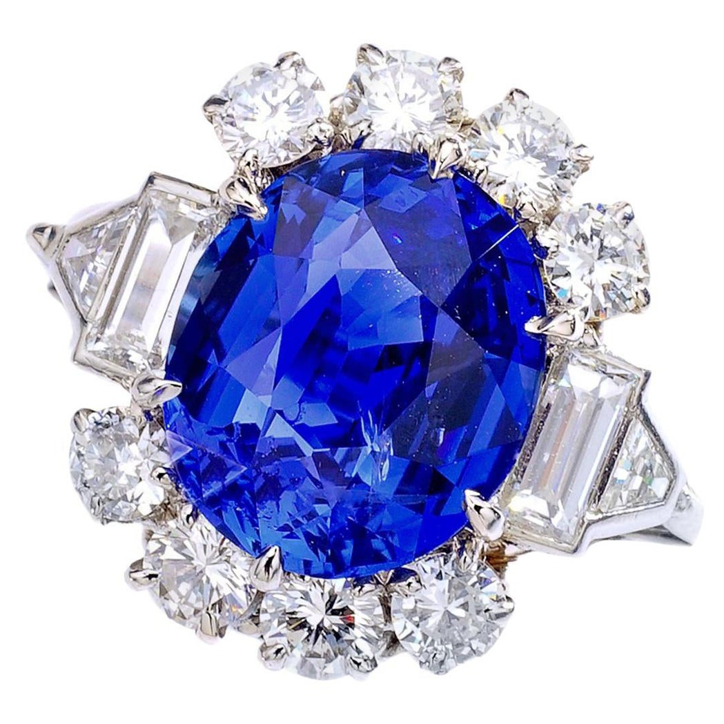 7.02 Carat Natural Sapphire French Diamond Platinum Ring 1940s For Sale