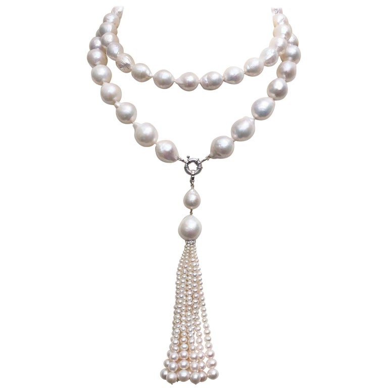 White Pearl Necklace, Double Pearl, and Tassel and 14 Karat White Gold