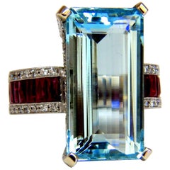 GIA Certified 19.40 Carat Natural Aquamarine Ruby Diamonds Ring Vivid 14 Karat