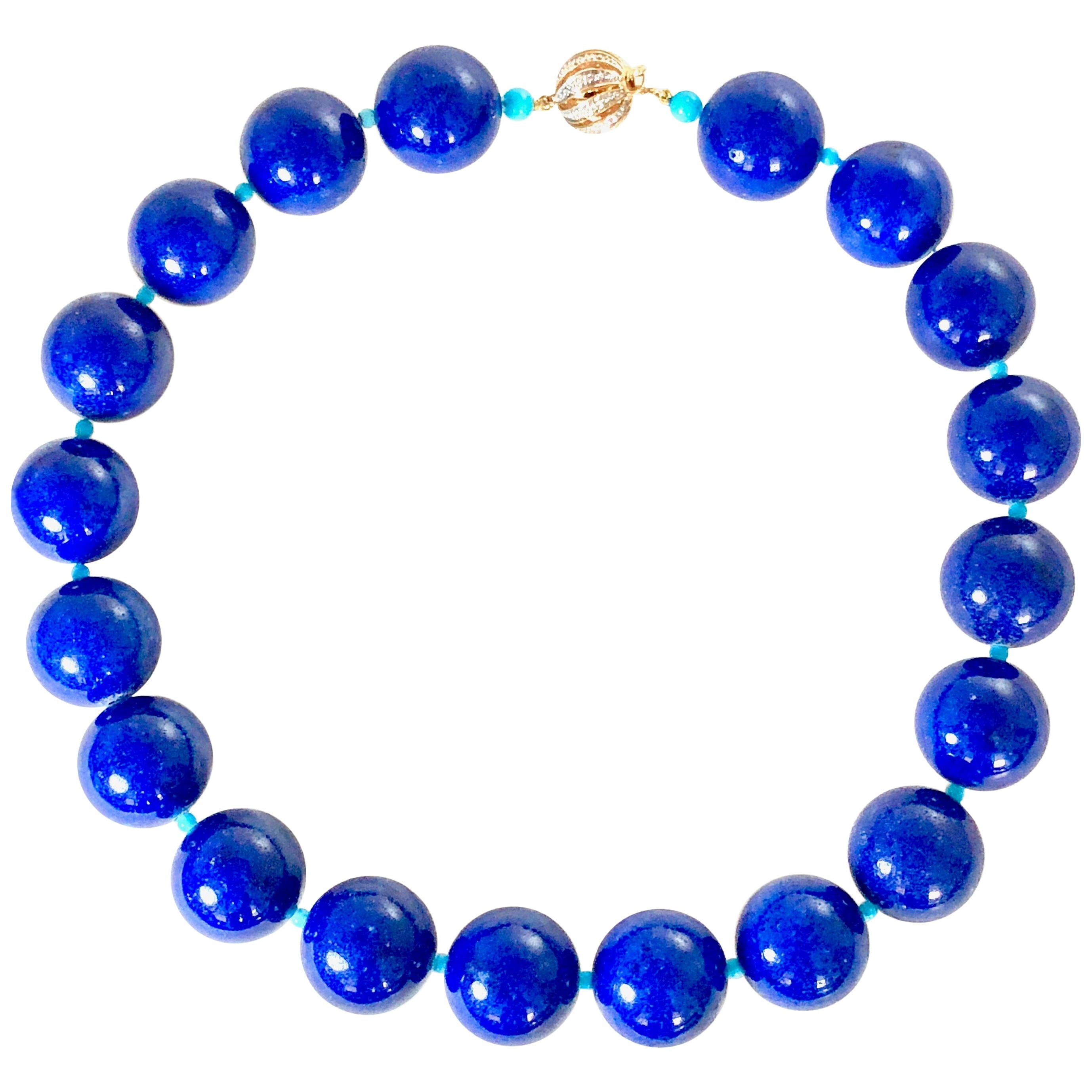 Lapis Lazuli Beads Sleeping Beauty Spacers 14 Karat Rose Gold and Diamond Clasp For Sale