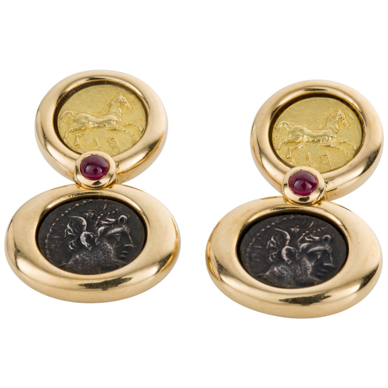 22 Karat Gold, Silver French Coin and Ruby Drop Earrings