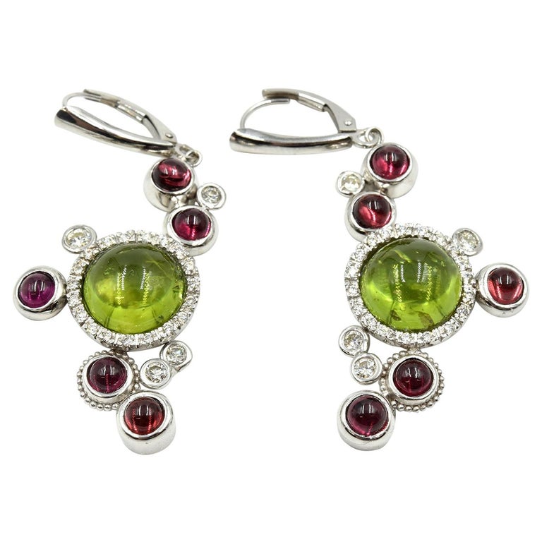 Peridot Diamond And Pink Tourmaline Earrings 14 Karat White Gold Peridot Diamond And Pink Tourmaline Earrings 14 Karat White Gold For
