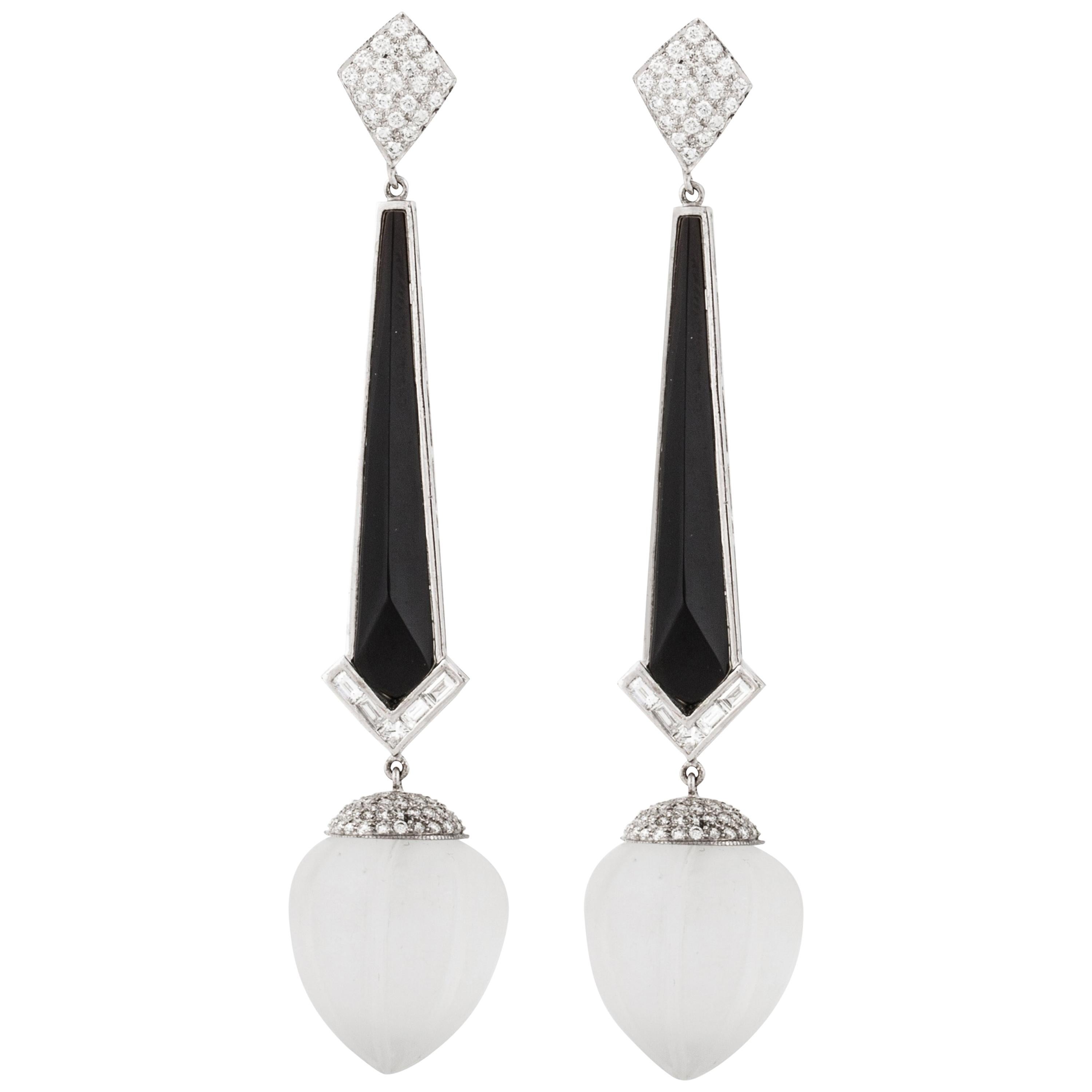 Estate Rock Crystal Onyx and Diamond Drop Earrings in 18K White Gold
