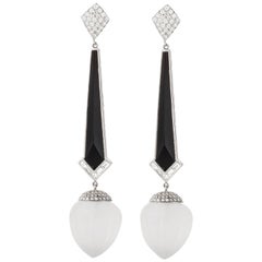 Rock Crystal Onyx and Diamond Drop Earrings in 18K White Gold
