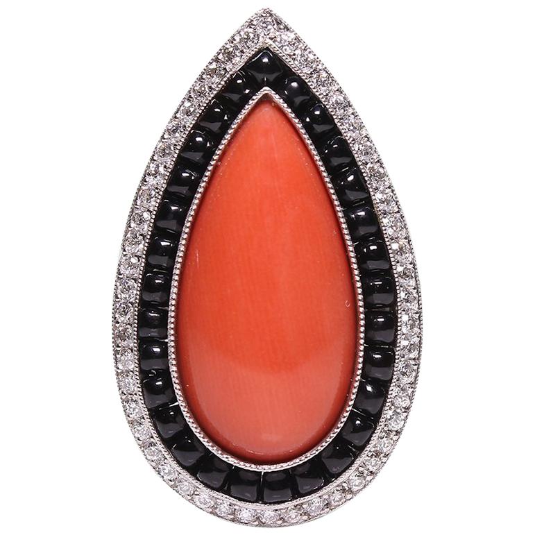 Antique Vintage Estate Platinum Coral Diamond and Onyx Ring For Sale