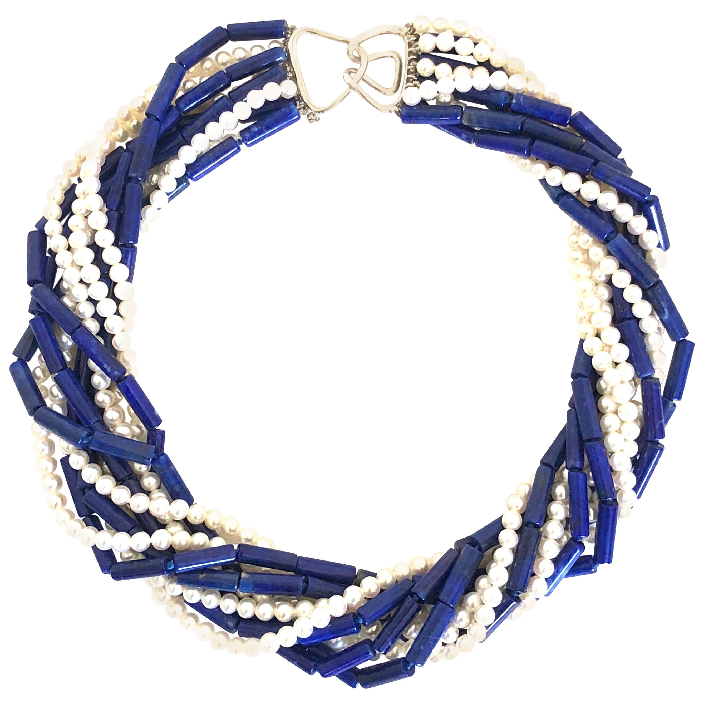 Lapis Lazuli and Seed Pearl 10-Strand Torsade Necklace with 18 Karat Gold Clasp For Sale