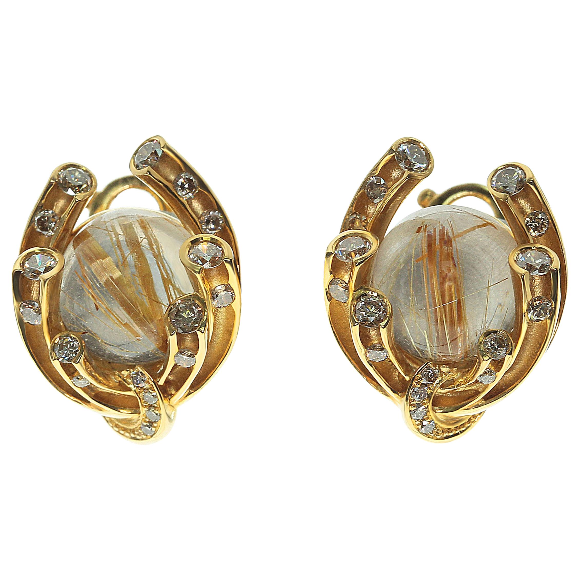 Boucles d'oreilles en or jaune 18 carats avec diamants champagne et quartz rutile de 6,69 carats