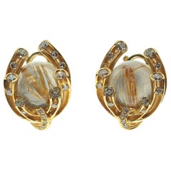Champagne Diamonds Rutilated Quartz 6.69 Carat 18 Karat Yellow Gold Earrings