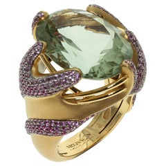 18 Karat Gelbgold Ring mit grünem Amethyst und rosa Saphir