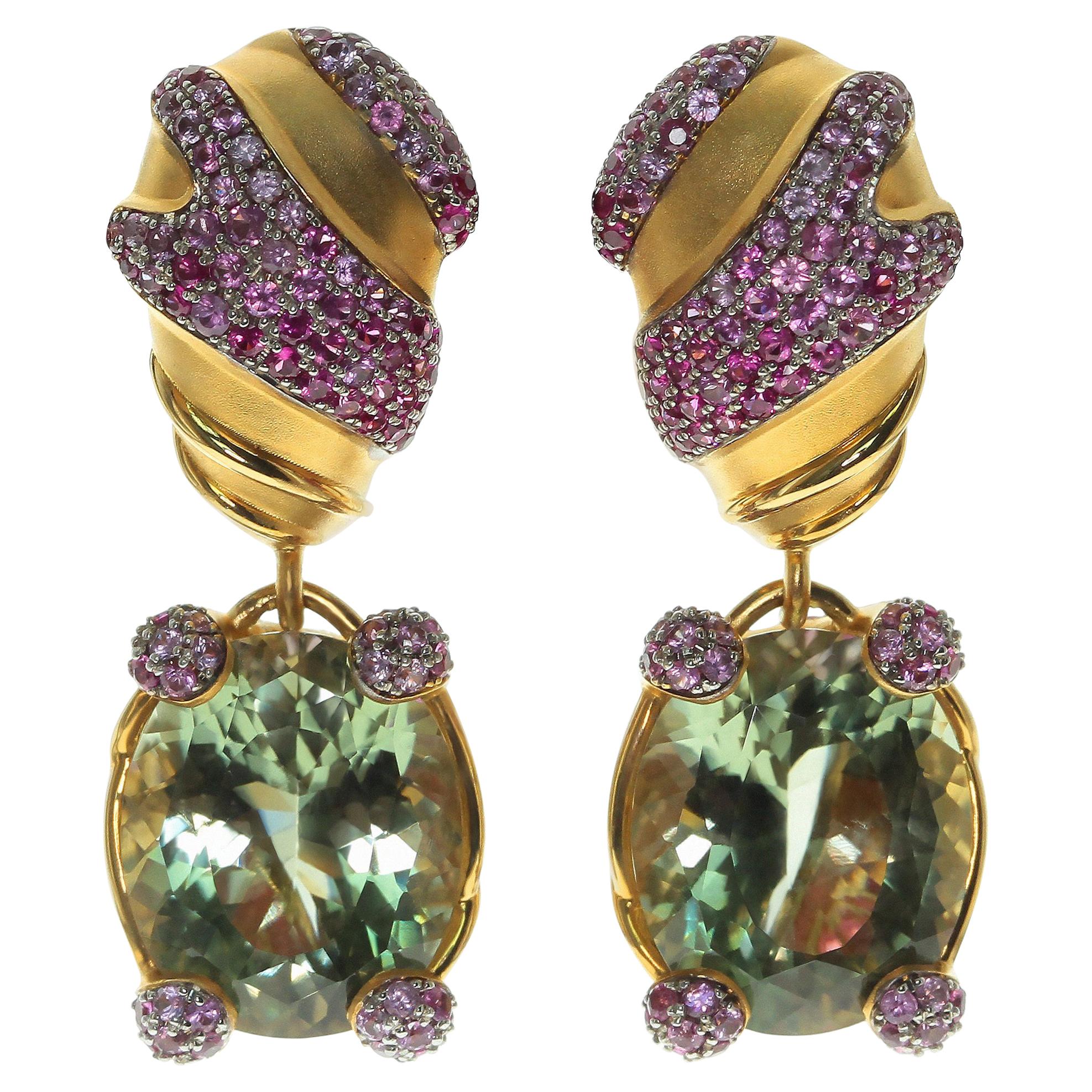 Green Amethyst Pink Sapphire 18 Karat Yellow Gold Earrings