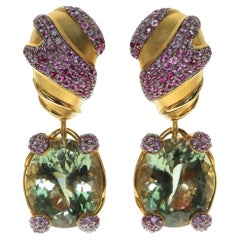 Green Amethyst Pink Sapphire 18 Karat Yellow Gold Earrings