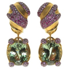 Boucles d'oreilles en or jaune 18 carats avec améthyste verte, saphir rose et améthyste