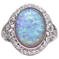 Estate Vintage Antique Art Deco Platinum Black Opal and Diamond Halo Ring