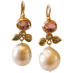 South Sea Pearls Tourmaline Demantoid Garnets 22k-21k Gold Dangle Drop Earrings